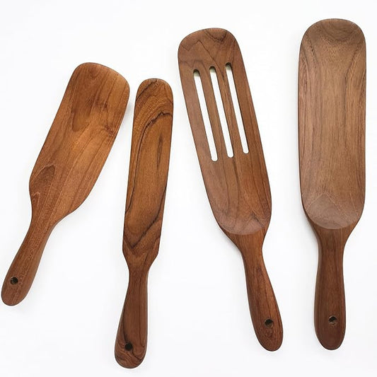 FAAY Teak Spurtle Set, 4 Handmade Wooden Utensils | Premium Thai Teak, Non-Scratch, Moisture-Resistant | Skinny, Medium, Solid & Slotted Spurtles for Mixing, Stirring, Batter & Jars