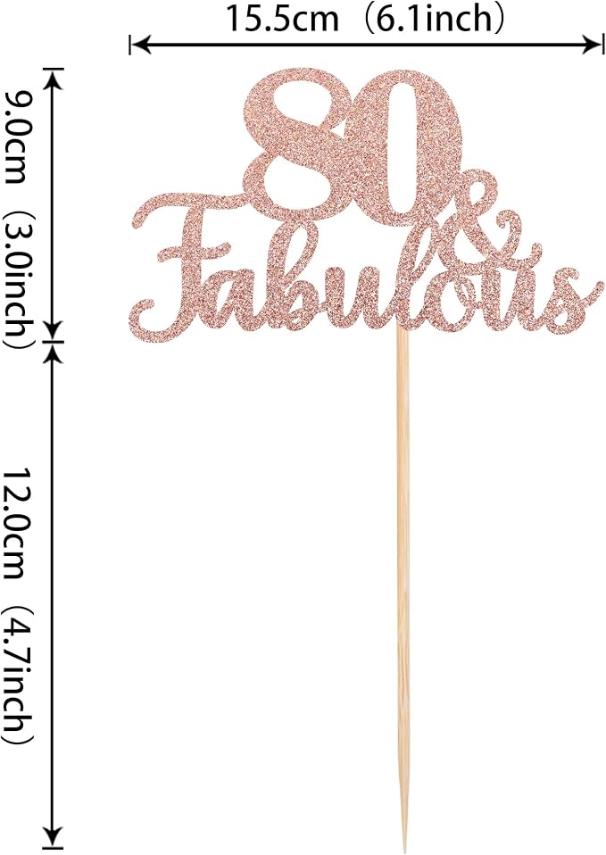 1 PCS 80 & Fabulous Cake Topper Glitter Eighty and Fabulous Cake Toppers Happy 80th Birthday Cake Pick for 80th Wedding Anniversary Birthday Party Cake Decorations Supplies Rose Gold