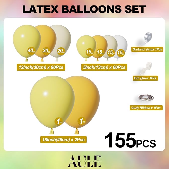 AULE Yellow Balloon Arch Kit 155Pcs Mustard Macaron Yellow White Balloons Garland for Sunflower Birthday Bee Graduation Anniversary Gender Reveal Baby Shower Theme Party Decoration