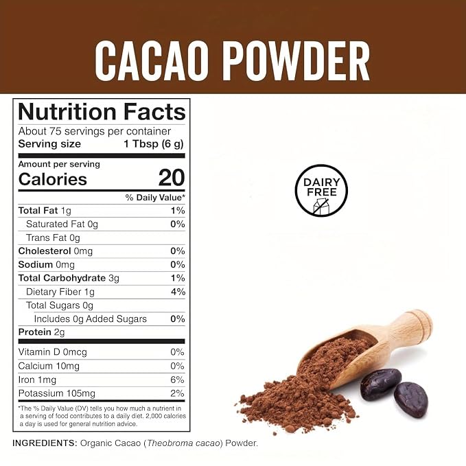226g/5pack, Ultra-Fine Organic Cacao Powder ， Gourmet Baking Grade, Non-Alkalized Pure Cocoa for Brownies & Cookies, Dairy-Free, Vegan Certified, Resealable Bag