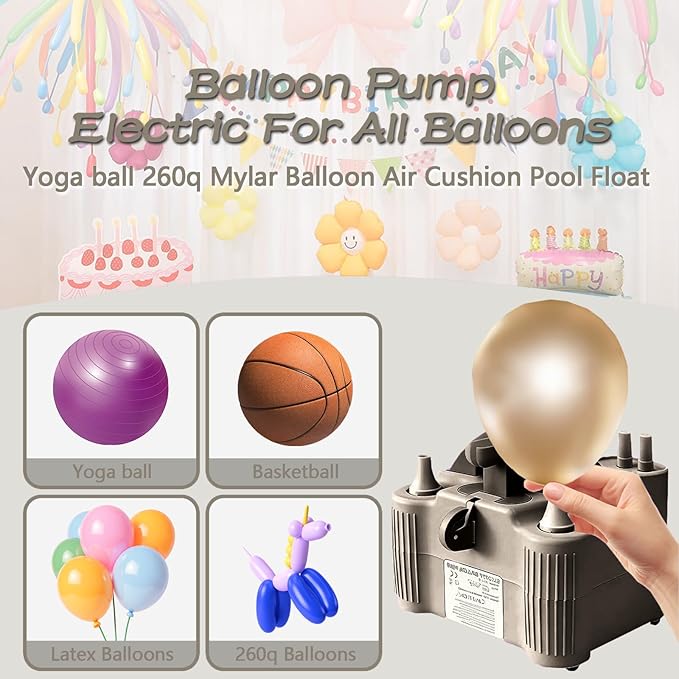 4-in-1 Electric Balloon Pump for All Balloons, Inflatables, and Sports Balls, Portable High Power Triple Inflating Ports for Latex Foil 260q Mylar Balloon