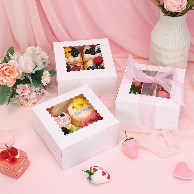 TOMNK 65pcs Cookie Boxes, 6x6x3 Inches Treat Boxes with Window, White Bakery Containers for Small Pie, Chocolate Covered Strawberries, Cupcake and Pastry
