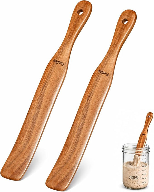 2 Pack Wooden Spurtle for Sourdough Starter, Mixing, Reaching Bottom of Jar, Dough Whisk, Long Handle Jar Spatula, Spurtles Kitchen Tools Teak Wood Kitchen Utensils kit for Baking, Cooking