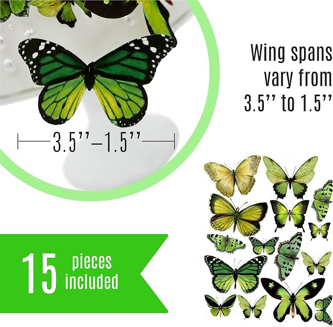 Sugar Robot Inc. Edible Butterflies for Cake Decorating - Assorted Sizes, Premium Crafted in the USA - Butterfly Cake Toppers & Cupcake Decorations (Green)