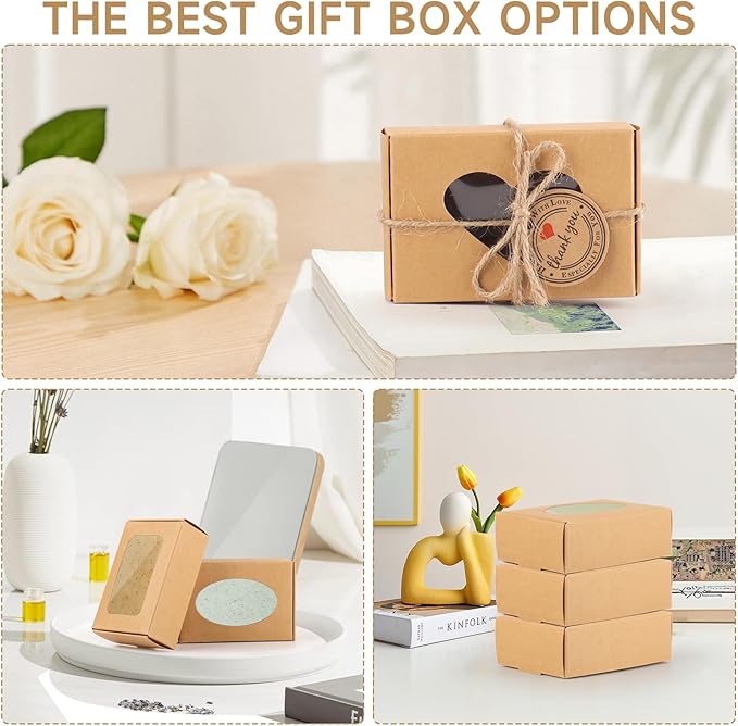 RYKOMO 60 PCS Soap Boxes for Homemade Soap 3.55 X 2.4 X 1.2 Inch Small Soap Packaging Boxes Kraft Soap Box with Window Mini Soaps Gift Boxe for Homemade Bakery Candy Cookies Packaging