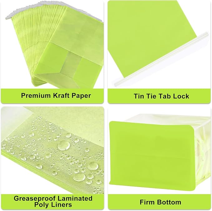 50 Pack Bakery Bags with Window - Large Reusable Cookie Bags With Seal Can Stand Upright Cookie Packaging Bag With Tin Tie Tab Lock Kraft Paper Bread Bags For Pastry,Donuts,Snacks（Green Large)
