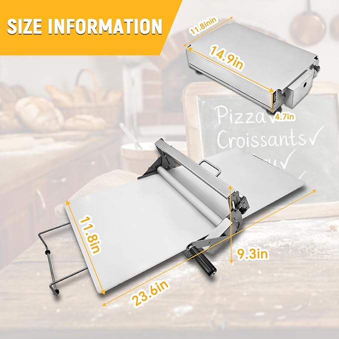 12" Folding Dough Sheeter Manual Dough Roller with Thickness Adjustment (0.1-25mm) Stainless Steel Counter Top Dough Sheeter for Pizza Croissants Pastry and Crust Home & Commercial Use