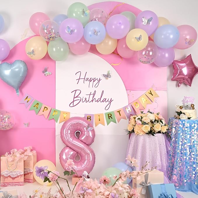 Pastel 8th Birthday Decorations for Girl,Macaron Rainbow 8th Party Decoration Colorful Balloons Banner Star Heart Number 8 Foil Balloon Cake Topper Butterfly Party Decorations 8 Year Old Decor