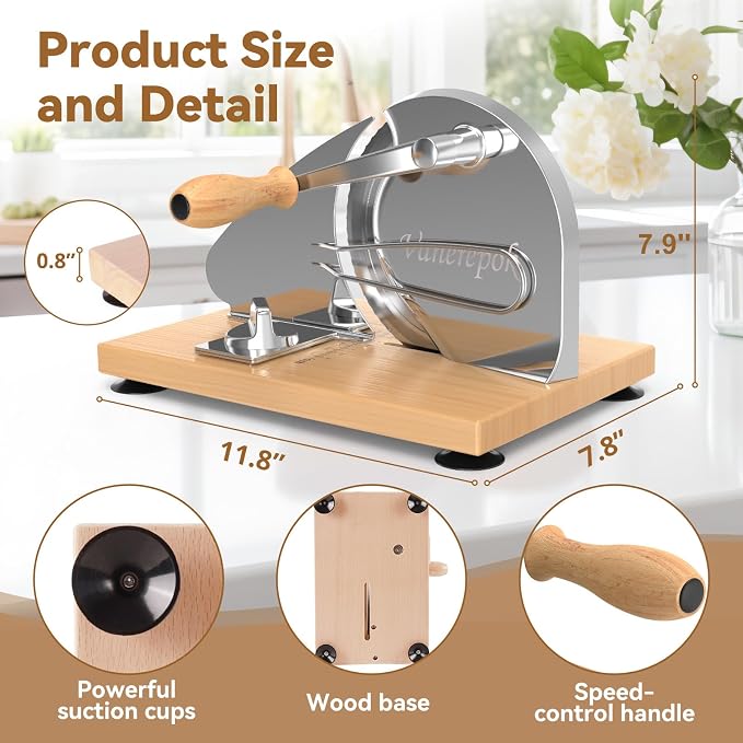 Upgrade Manual Bread Slicer for Homemade Sourdough Bread, Classic Hand Crank Home Bread Slicer With Scale Line and Steel Fence, Sharp Blade, Adjustable Width for Homemade & Commercial Use