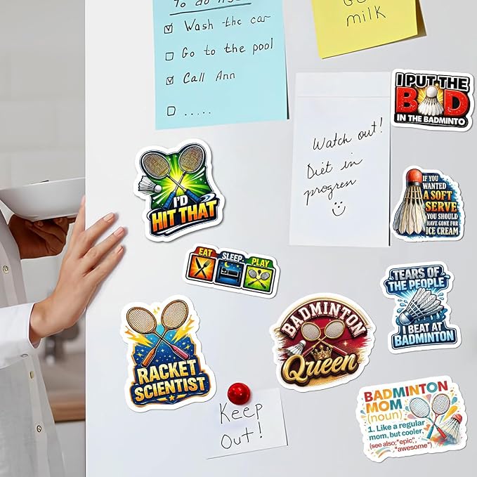10pcs Badminton Sticker Sheet, Fun and Sporty Vinyl Decals for Players, Coaches, and Shuttlecock Fans, Waterproof, for Laptop, Water Bottle, Journal, Notebook, Phone Case (Badminton, 8in)