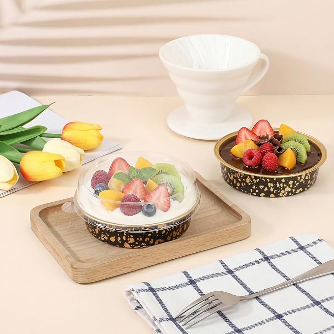 Beasea 7.3oz Cheesecake Pan with Lids, 20 Pack 4 Inch Round Aluminum Foil Disposable Tart Tins, Cupcake Container with Lids Mini Pie Tart Pans Baking Cups For Pizza Quiche - Black Gold Speckles