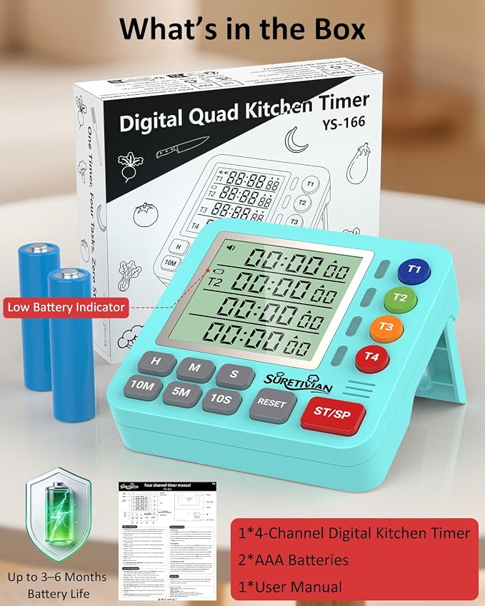 Digital Kitchen Timer for Cooking - 4 Channel Count Up Countdown Timer with Loud Alarm and Silent Mode, Large Display, Magnetic Back, Auto Memory for Classroom Study Gym, Battery Included (Mint Green)