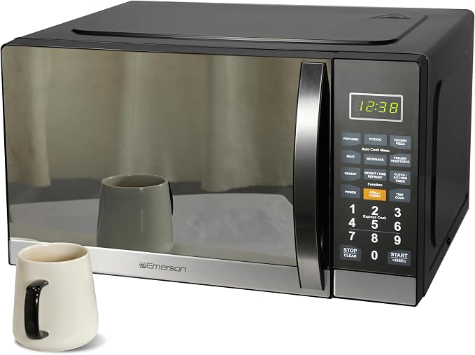 Emerson MWG1191SB 1.1 Cu. Ft. Microwave with Built-In Grill Function, 1100W Power, Stainless Steel, LED Timer Display, 11 Power Levels, 9 Preset Cooking Options, Removable Glass Turntable, Child Lock