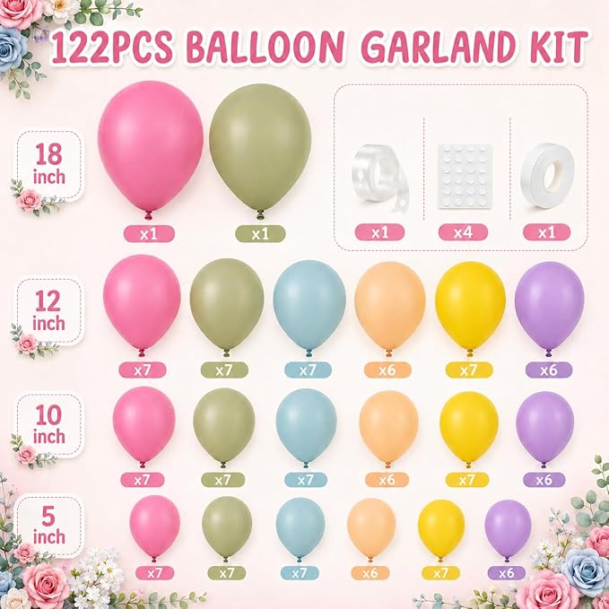 Flower Balloon Arch Kit, 122Pcs Hot Pink Pastel Blue Dusty Green Macaron Orange Lavender Purple Yellow Balloons for Girls Spring Party Boho Baby Shower Flower Birthday Garden Party Decorations