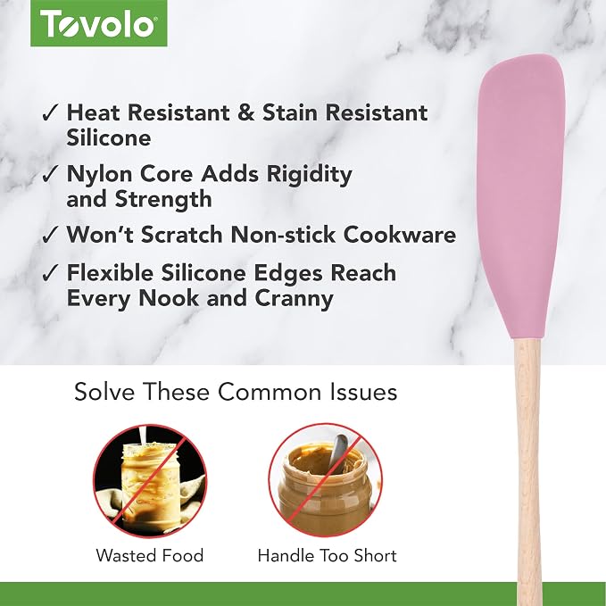 Tovolo Flex Core Jar Scraper With Wood Handle Long Silicone Spatula For Peanut Butter Jelly Jars, Heat Resistant BPA Free Long Handle Jar Spatula for Scraping Spreading, Pink Sorbet