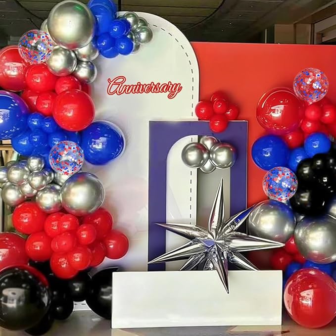 Red Black Blue Silver Balloons Garland Arch Kit, 167Pcs Latex Balloons Different Sizes 18 12 10 5 inch for Birthday Graduation Baby Shower Spider Theme Party Decorations
