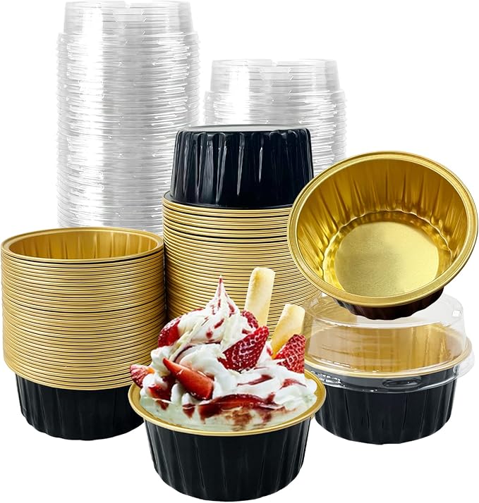 100Pcs Aluminum Cups with Lids,5oz Disposable Ramekin Baking Cups Muffin Liners Mini Pie Pans Foil Cupcake Containers for Christmas Party Wedding,Black Gold
