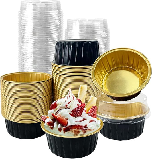 100Pcs Aluminum Cups with Lids,5oz Disposable Ramekin Baking Cups Muffin Liners Mini Pie Pans Foil Cupcake Containers for Christmas Party Wedding,Black Gold