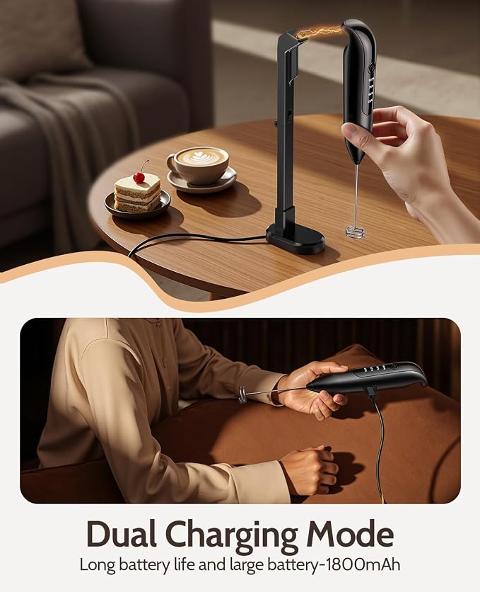 Electric Milk Frother Handheld: Rechargeable 3 Heads 3 Speeds Portable Stainless Steel Drink Foam Mixer with LED Digital Display for Milk Coffee, Lattes, Cappuccino, Matcha - Onyx Black