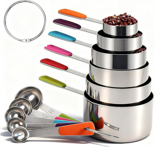 Bopei Measuring Cups and Spoons Set Stainless Steel 11 Piece for Cooking and Baking (6 Cups + 5 Spoons, Colorful Handles)