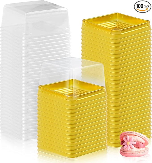 100 Set 3" Mini Cupcake Containers Plastic Square Containers with Lids Cupcake Boxes Muffin Pod Dome Muffin Single Individual Container Box for Wedding Birthday Gifts Supplies (Golden)