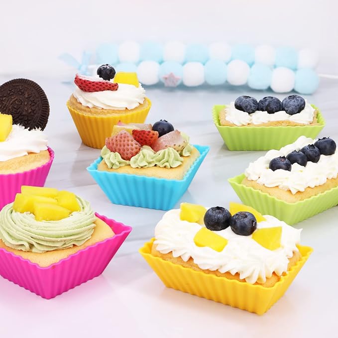 24Pack Silicone Muffin Cups, Reusable Cupcake Liners Molds for Baking, 3 Shapes Lunch Box Bento Dividers-Round, Square, and Rectangular (Colorsful, Large Size)