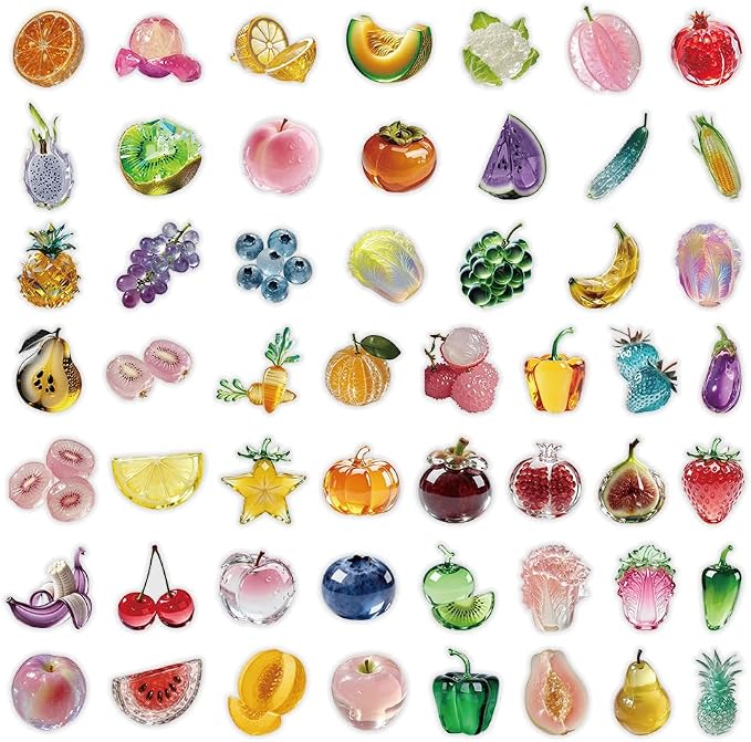 100Pcs Fruit Mix PET Stickers Pack, Transparent Fruit Stickers Waterproof Fruits Decals for Water Bottles Laptop Scrapbooking Journaling Guitar Suitcase Phone Gifts for Kids Teens