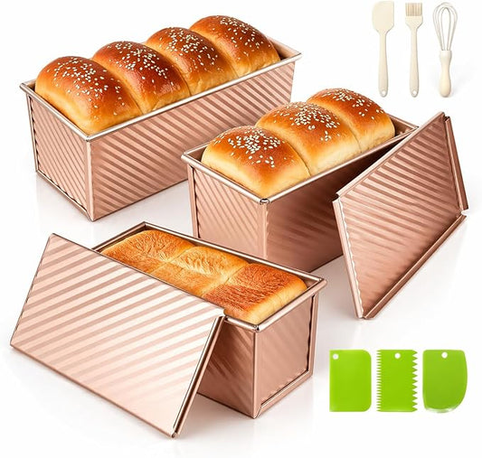 3-Pack Bread Pan with Lids, 2.2LB & 1LB & 1LB Dough Capacity, Non-Stick Carbon Steel Pullman Loaf Pan for Baking, Professional Toast Box Mold with Baking Tools - Gold