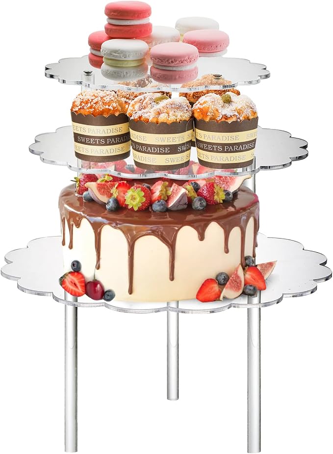 Okllen 3 Pack Clear Acrylic Cake Stands, Cupcake Stand Cake Holder, Countertop Dessert Display Riser for Bakery, Appetizer, Birthday Wedding Party Baby Shower, Flower Shape