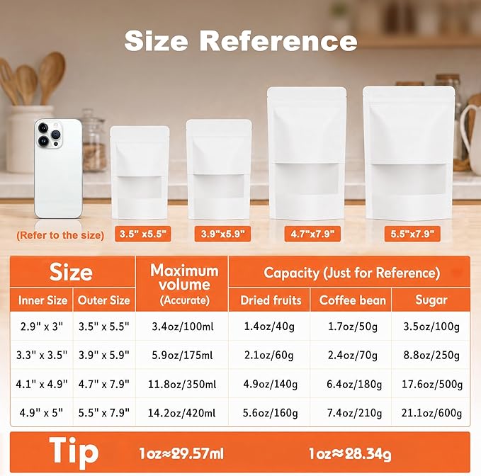 FireKylin 100 Pcs Resealable Bags, Paper Stand Up Pouches Bags with Matte Window for Small Businness, Zipper & Heat Sealable Treat Bags for Packaging(Inner Size 2.9" x 3"; Outer Size 3.5" x 5.5")