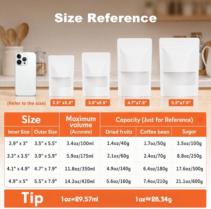 FireKylin 100 Pcs Resealable Bags, Paper Stand Up Pouches Bags with Matte Window for Small Businness, Zipper & Heat Sealable Treat Bags for Packaging(Inner Size 4.9" x 5"; Outer Size 5.5" x 7.9")