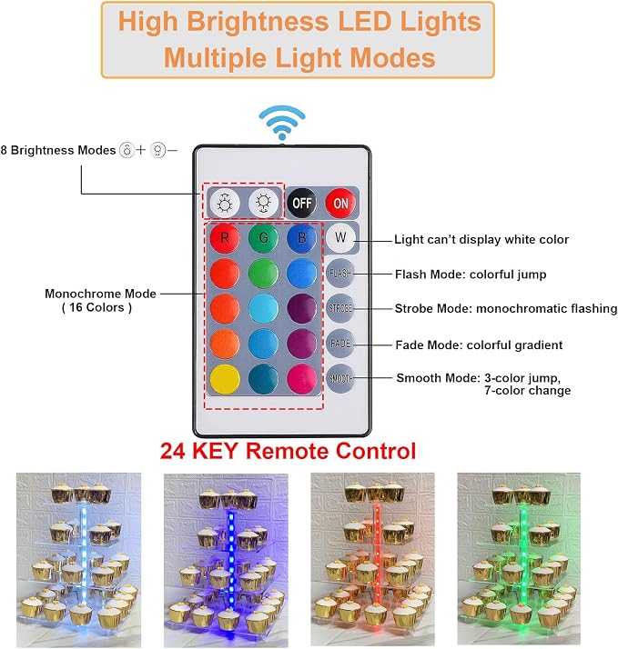 Cupcake Stand Acrylic 5 Tier Tower Display Cupcake Cake Stand with Remote LED Light,Multiple Color Changing Modes,Transparency Serving Tray for Any Parties Events(Large Size)
