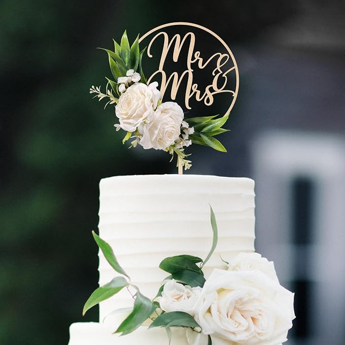 Mr & Mrs Wedding Cake Topper in Wood with Handcrafted 3D Artificial White Flowers and Green Leaves Design Cake Decoration for Wedding 3D White Roses