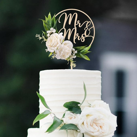 Mr & Mrs Wedding Cake Topper in Wood with Handcrafted 3D Artificial White Flowers and Green Leaves Design Cake Decoration for Wedding 3D White Roses
