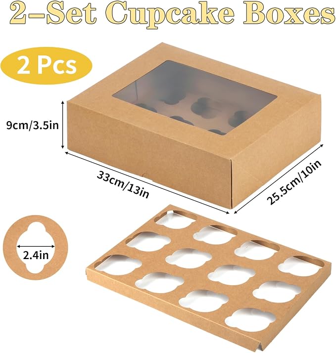 Cupcake Box, Disposable Cupcake Container Bulk, Auto-pop up, 2 Pcs, Brown | Cupcake Holder Holding 12 Count Cupcakes, Cupcake Carrier with Window, Easy To Assemble, Transport and Store Cupcake, Sturdy