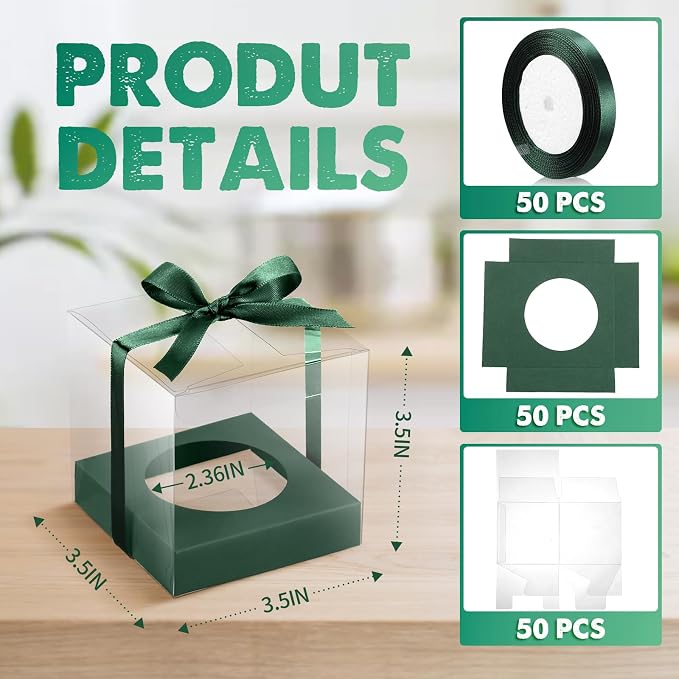 Thenshop 50 Pcs Clear Cupcake Boxes Individual 3.5 Inch Plastic Single Cupcake Containers Boxes with Inserts and Ribbon Individual Cake Storage Holders for Cake Kitchen(Green)