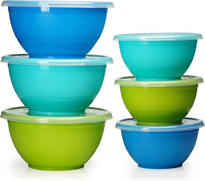 Stephanie Imports Made in USA 6-Piece Set of Prep & Store Plastic Bowls with Clear Lids (BPA-Free and Dishwasher Safe) - Blue, Teal and Green