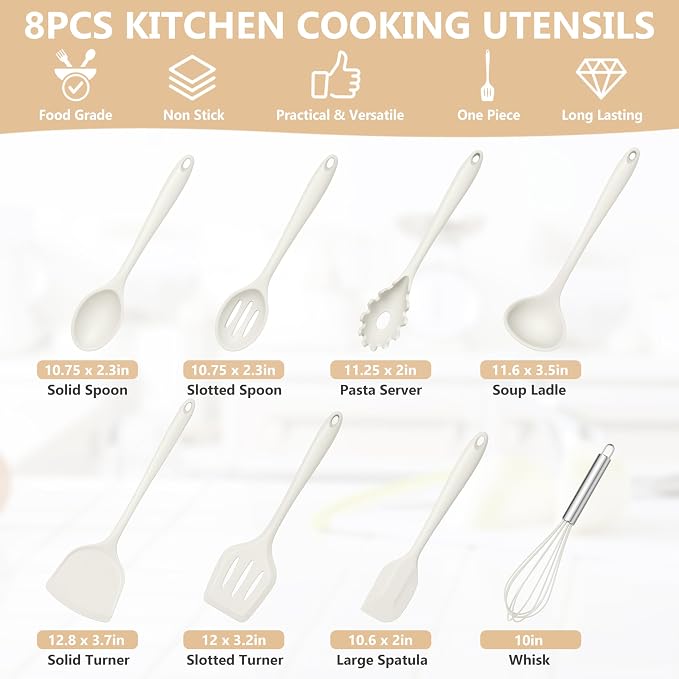 TeamFar Silicone Cooking Utensils Set, 8 PCS Kitchen Utensils Set, 446°F Heat Resistant, Turner, Spatula, Spoon, Whisk, Kitchen Cooking Gadgets Tools for Nonstick Cookware, Dishwasher Safe-White