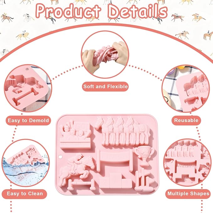 Ipotkitt Pink Racing Theme Silicone Molds Sport Horse Rectangle Candy Molds for Candy Chocolate Jelly Cake Ice Crafts, 2pcs, 18.6x14.7x1.9cm, 8 Cavities