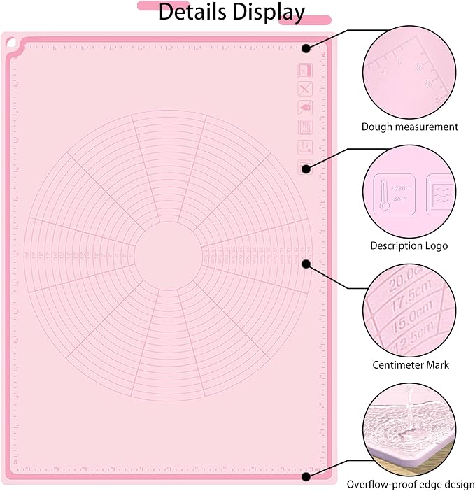 Silicone Baking Mat 32" x 24", Extra Thick Non-stick Pastry Mat with Measurements and Edge Heightening, Food Grade Silicone for Countertop Dough Rolling(With Dough Scraper/Pastry Brush/Cable Tie)