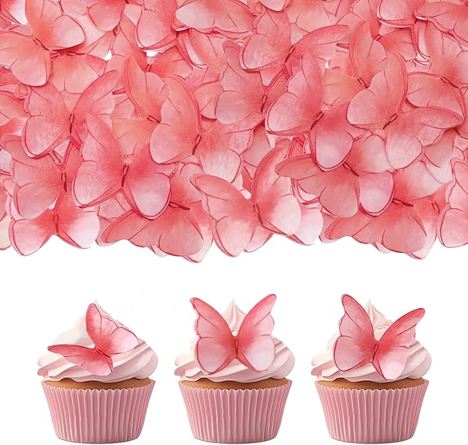 52 pcs edible wafer paper butterfly cake decoration, Cupcake topper multicolor butterfly decorative paper suitable for weddings birthdays Christmas cocktails (Watercolor red)