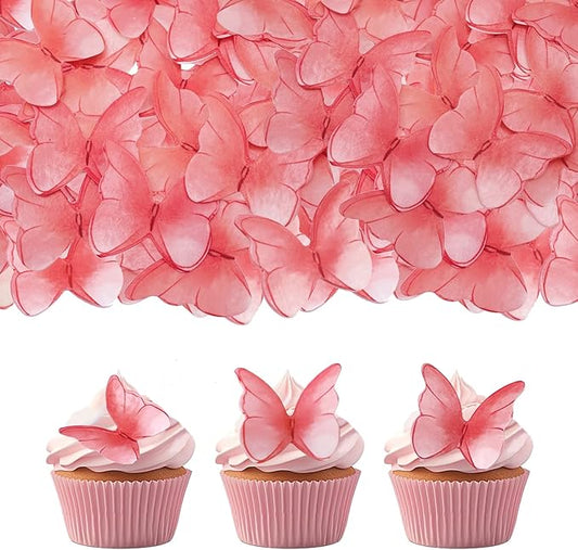 52 pcs edible wafer paper butterfly cake decoration, Cupcake topper multicolor butterfly decorative paper suitable for weddings birthdays Christmas cocktails (Watercolor red)