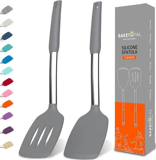 BakeRoyal Silicone Spatula Set - Turner Spatulas Silicone Heat Resistant 600°F - Slotted & Solid Spatula for Cooking Fish, Eggs, Pancakes Flipper – Spatulas for kitchen use – Gray