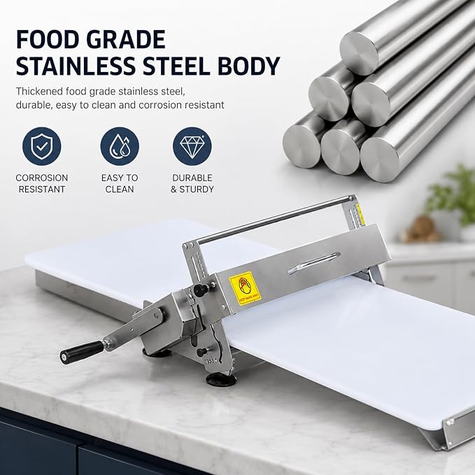 Folding Dough Sheeter, Countertop Dough Sheeter,Dough Roller Machine Stainless Steel Sheeter 0.2-25mm Adjustable Thickness Stainless Steel Manual Dough Sheeter Machine With Boa Length 40''