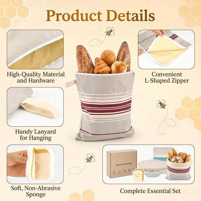 2 Pack XL Beeswax Bread Bags for Sourdough, Organic Beeswax Linen Cotton Bread Storage Bags with Bowl Cover & Cleaning Sponge Set, Fresh Bread Freezer Bags with Sealing Zip for Homesteading