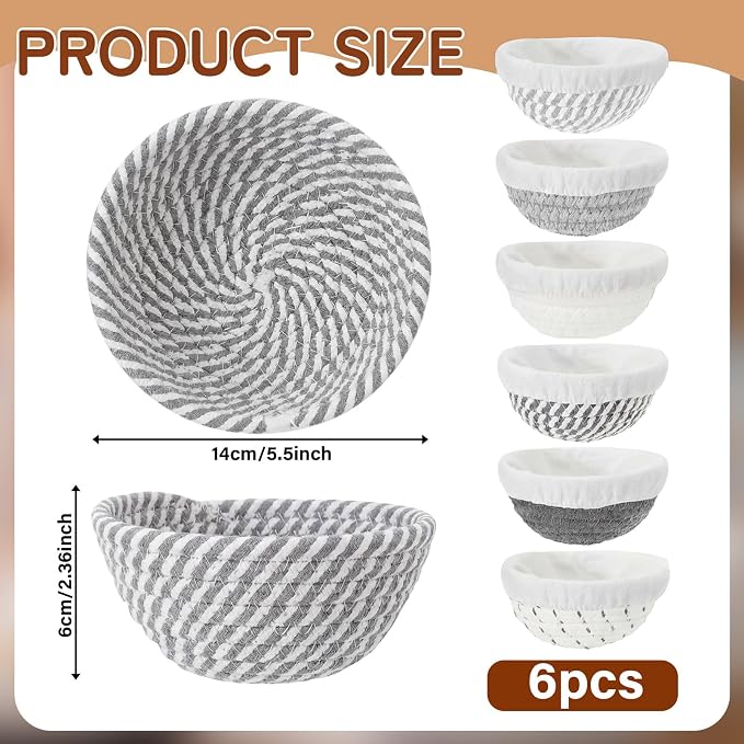 6 Set 5.5 Inch Mini Banneton Bread Proofing Basket Natural Cotton Rope Proofing Bowls Kit with Cloth Liner Small Sourdough Bread Baking Supplies for Home Baking (Blue Gray)