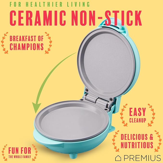 Ceramic NonStick Mini Snack Griddle Maker, 4” Mold, Quick Heat Up, Individual Fluffy Pancakes, Grilled Cheese, Eggs, Pizzas, Cookies & On-the-Go Breakfast & Lunch, Just Add Batter (Turquoise)