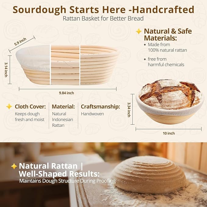 Sourdough Bread Starter Kit with 2 Banneton Proofing Baskets, 34oz Starter Jar, Dough Whisk, Scrapers, Bread Lame, Mat, Sling, Flour Duster & More – Sourdough Tools & Accessories Set