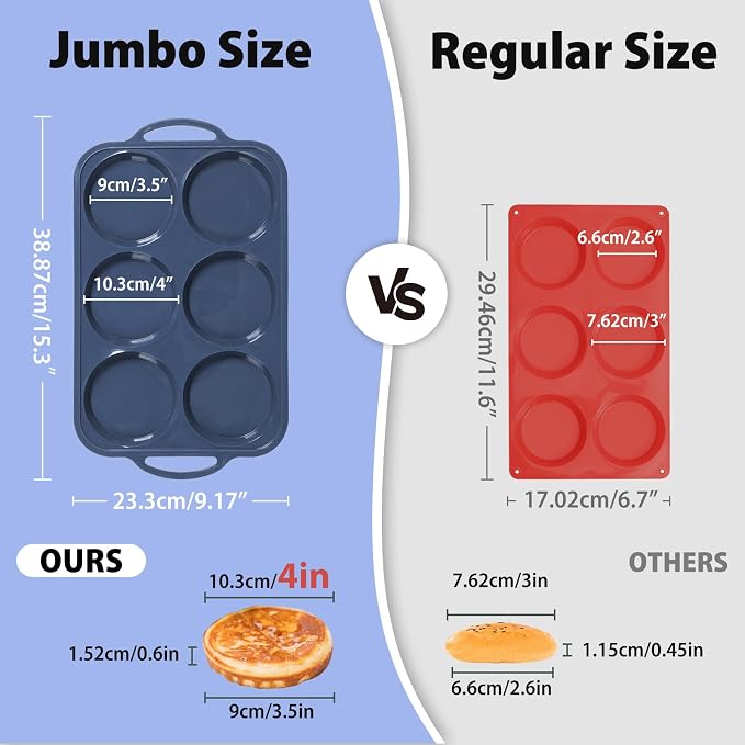 4 Inch Jumbo Silicone Muffin Top Pan with Metal Frame, Non Stick Silicone Egg Mold for Oven, Large Whoopie Pie Baking Pan with Handle for English Breakfast Sandwich, Egg Bite, Bun Tart, Grey
