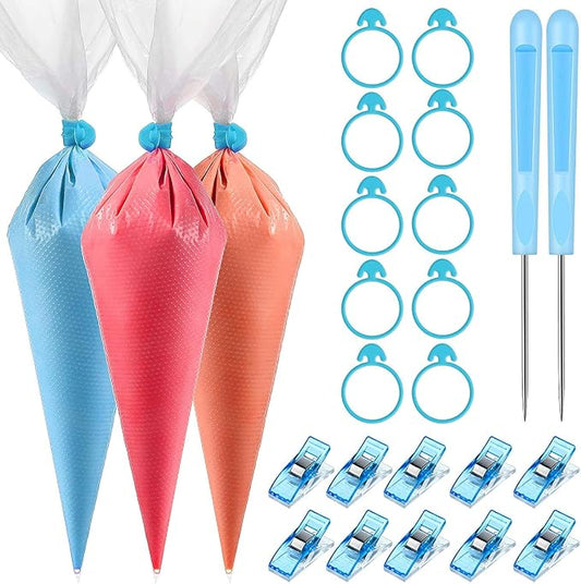 Patelai 122 Pcs Piping Bag Set with Disposable Tipless Piping Pastry Bags Ties Clips Awls Tool for Cakes Icing Scribe Cookie Decorating Supplies Christmas Halloween Decor(14 Inch,Blue)
